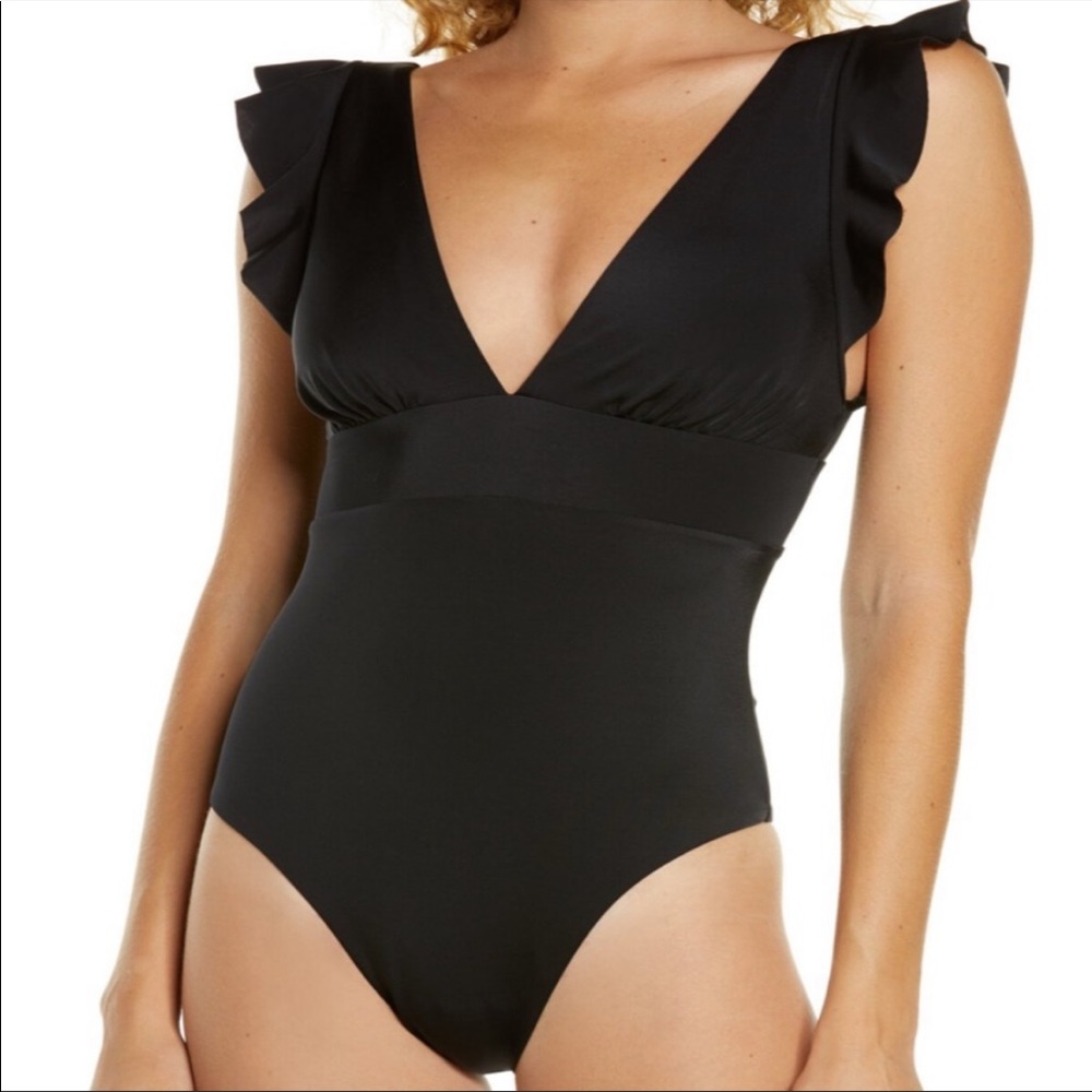 Black ruffle shoulder one piece